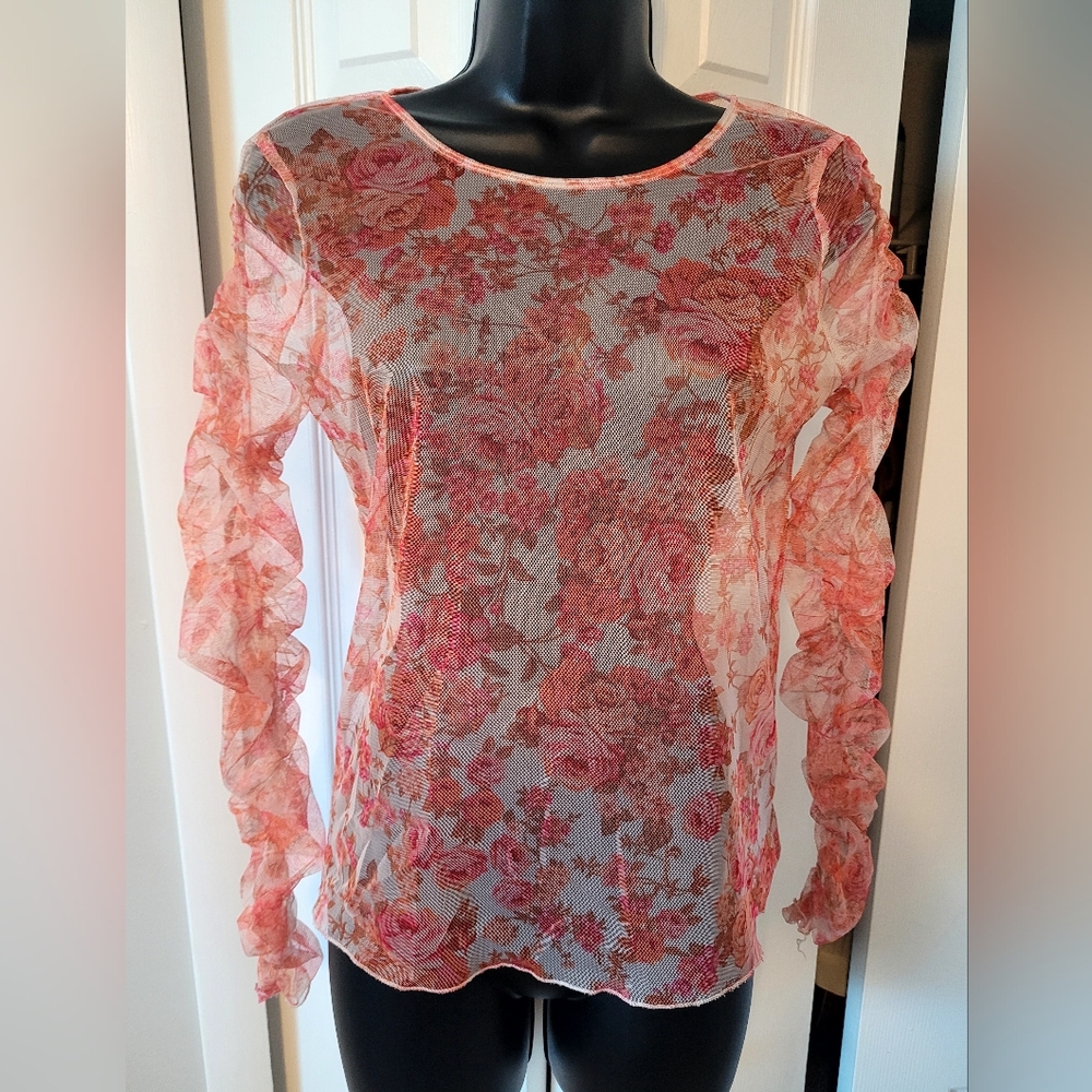 **ZARA Floral Mesh Ruffle Blouse – Size S**